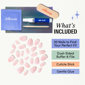 Chillhouse buffer, file, cuticle stick and Gentle glue displayed for easy application
