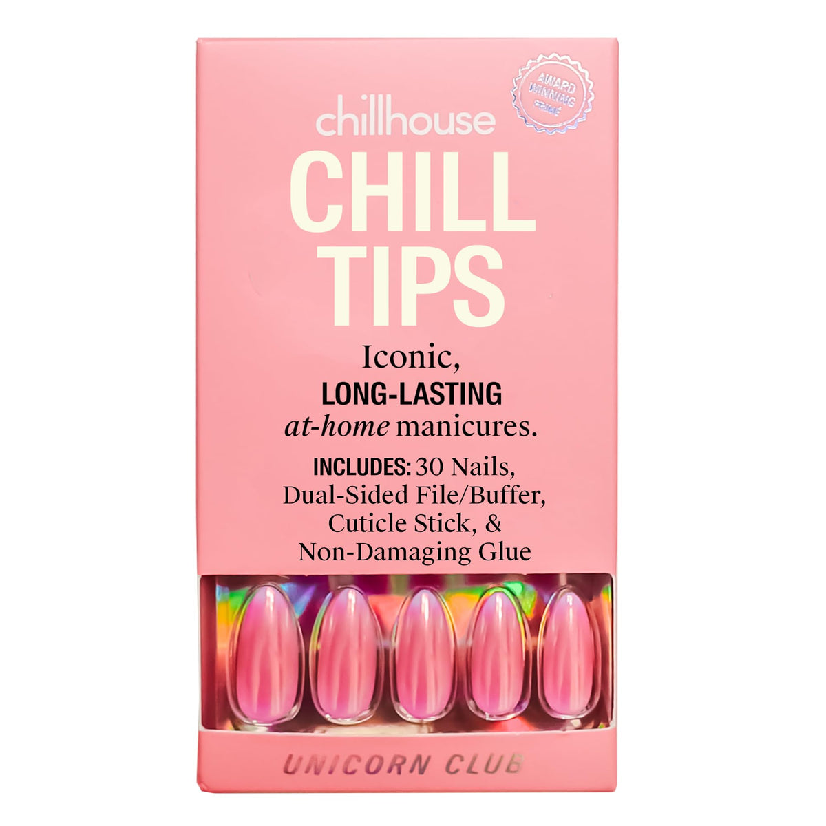 Chillhouse front packaging showing Unicorn Club almond tips and kit contents for easy salon results