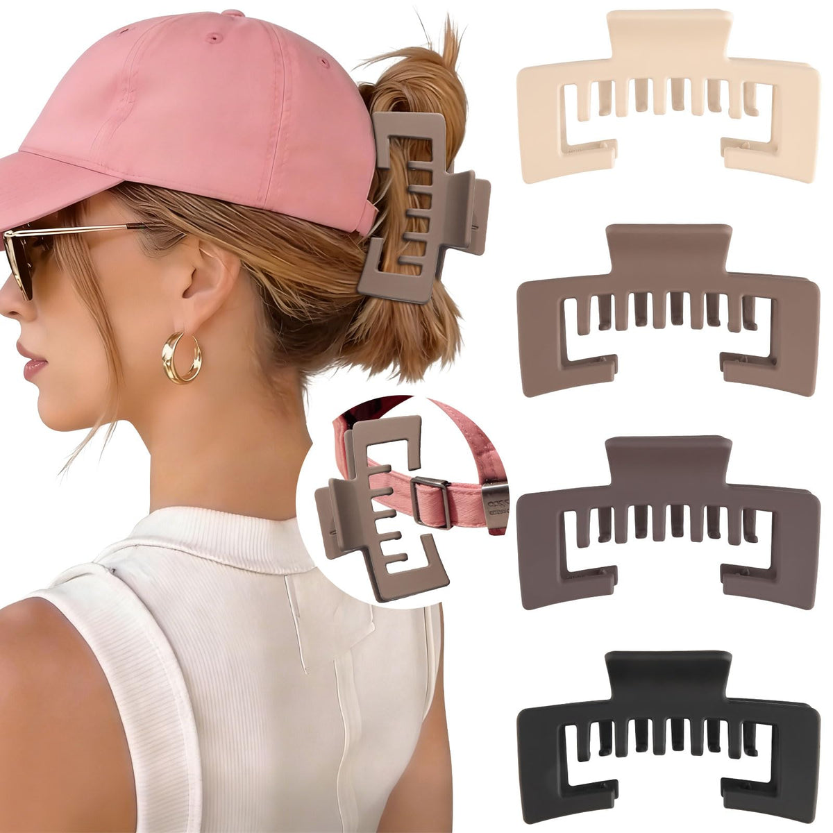 CHLINS front view of four hat-friendly claw clips showing colors and pattern, convenient set
