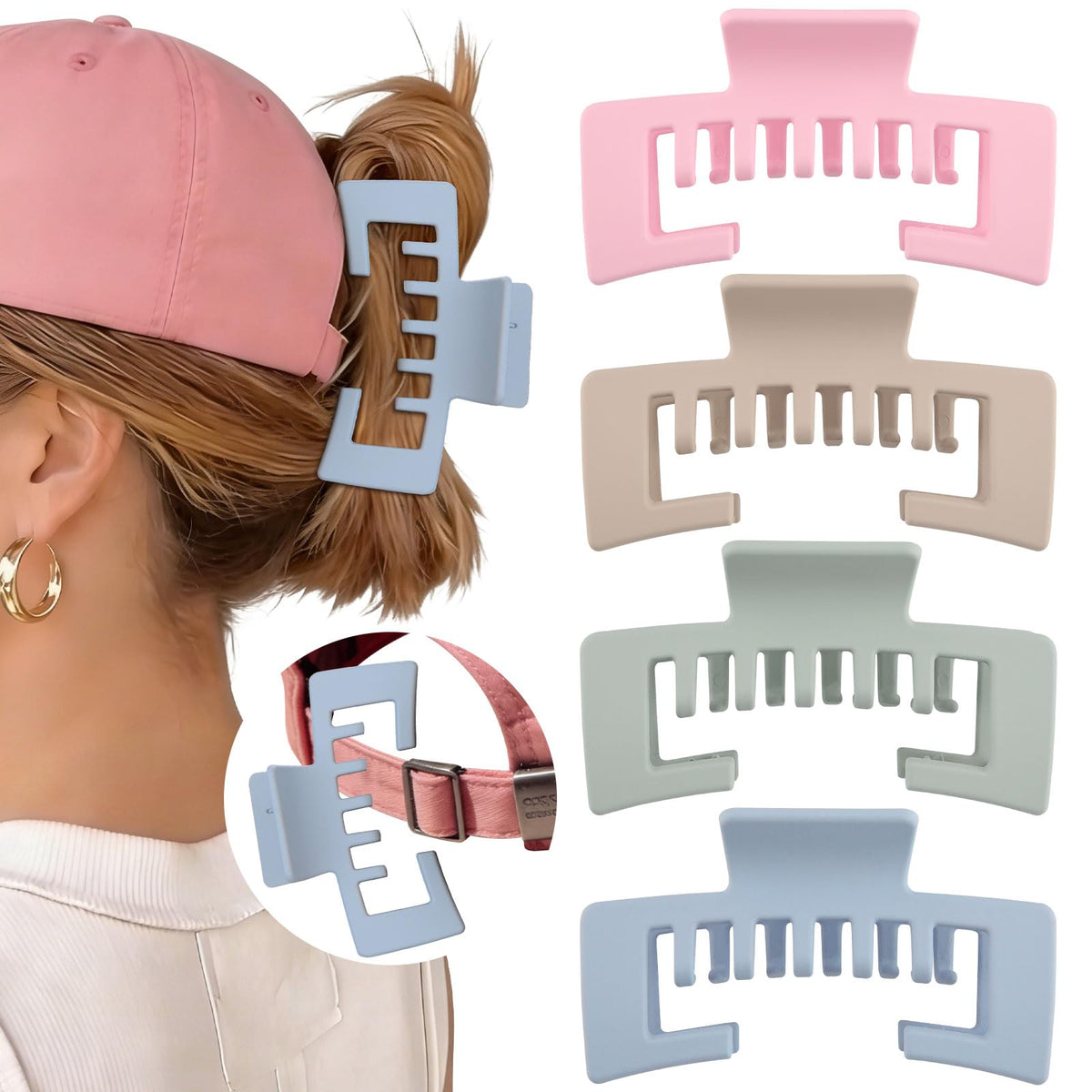 CHLINS front view of 4-piece hat-friendly claw clips showing compact packaging and convenience