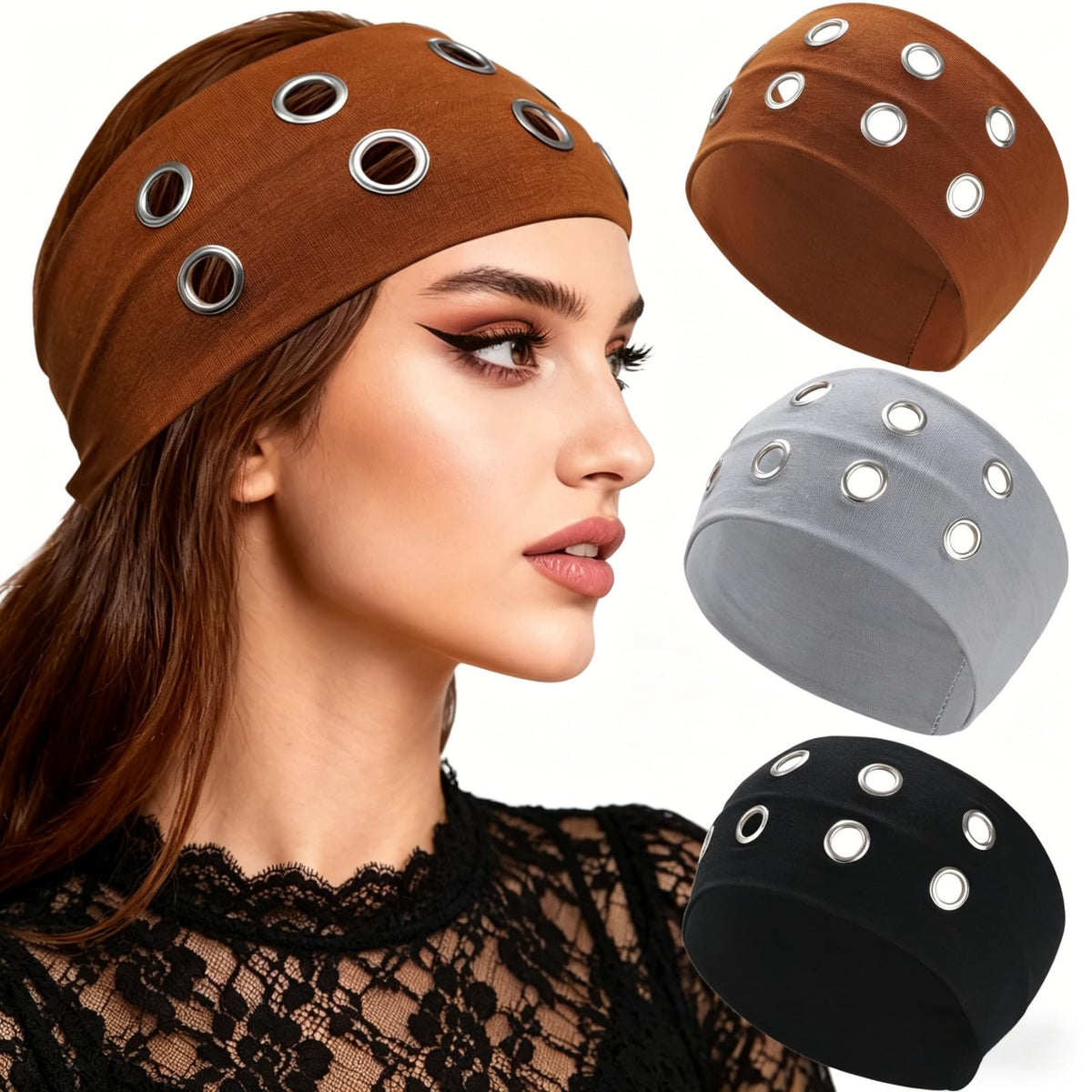 CHLINS front view of three headbands showing bold punk look and coverage