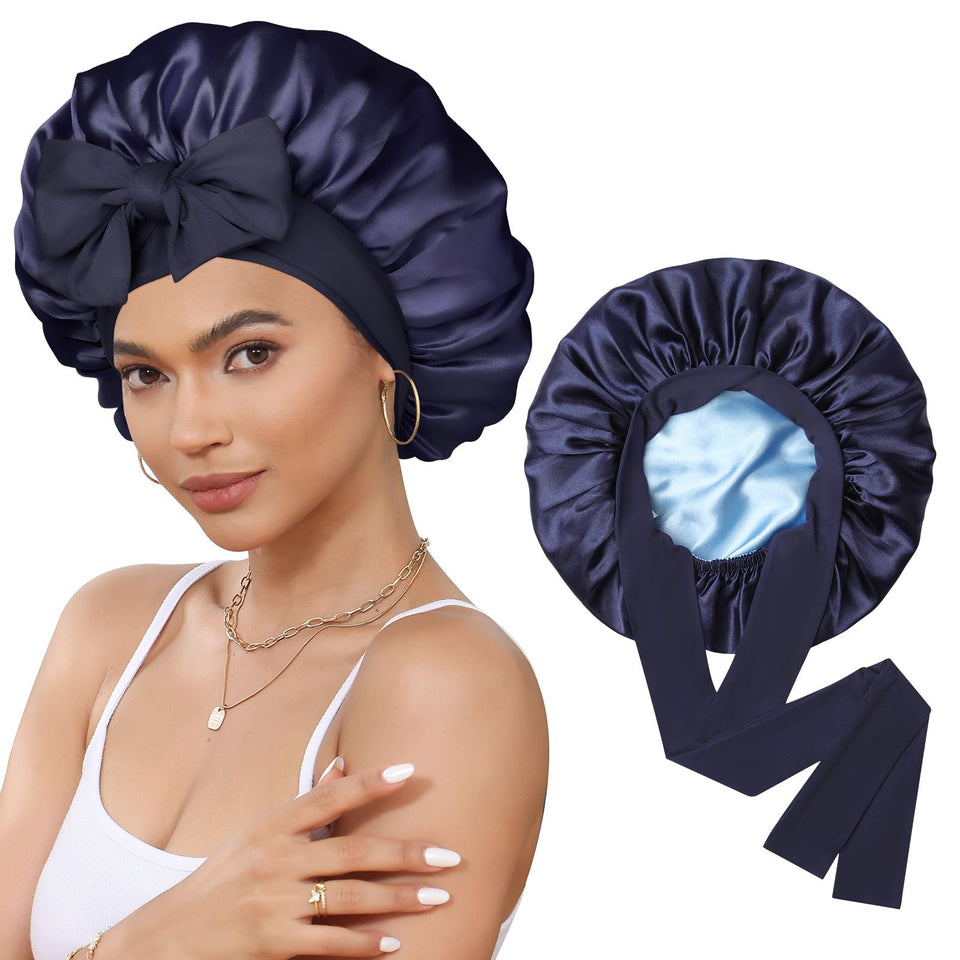 CHLINS bonnet front view showing navy and light blue reversible colors and secure fit