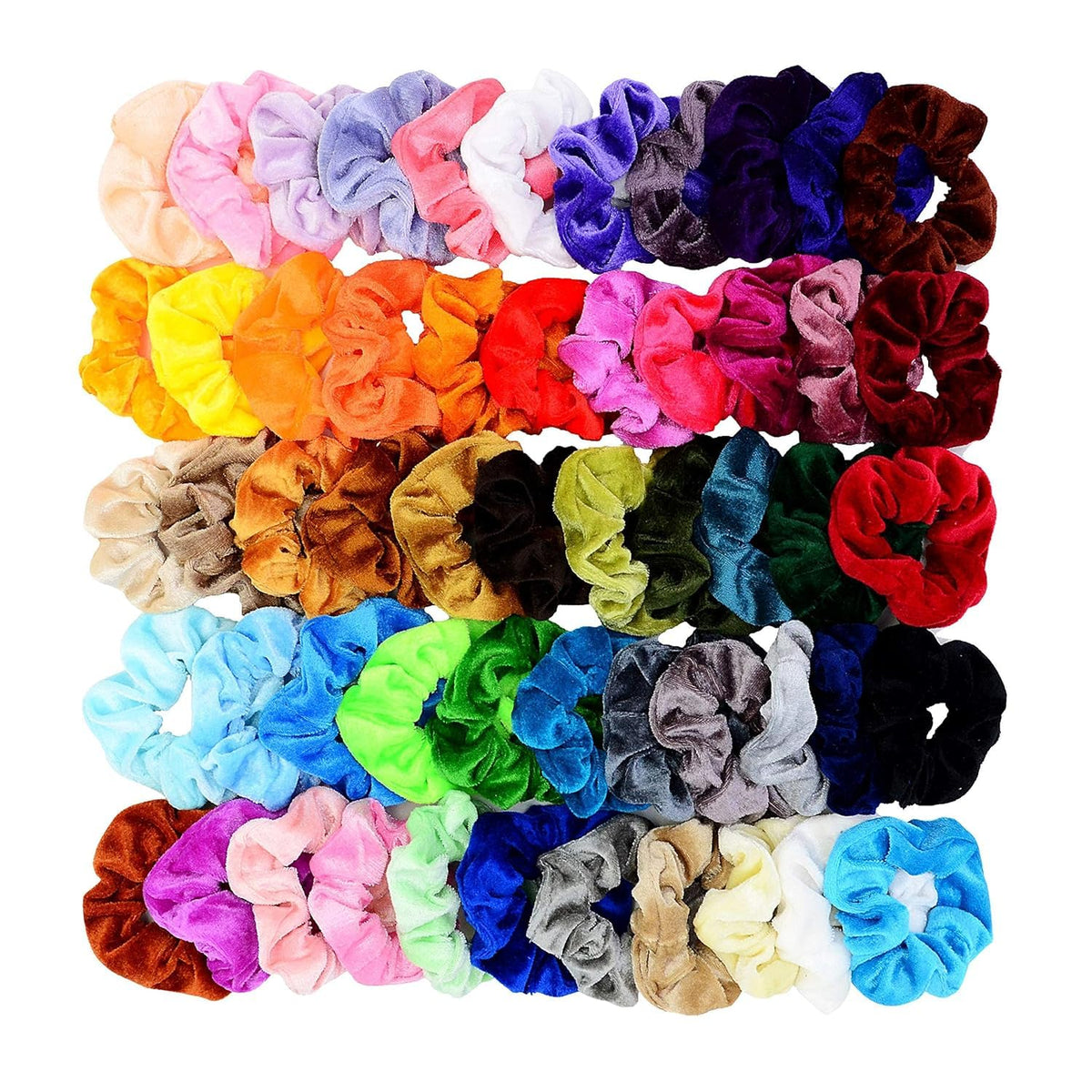 Chloven flat lay showing all 55 scrunchie colors for outfit matching