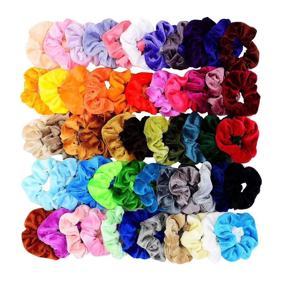 Chloven flat lay showing all 55 scrunchie colors for outfit matching