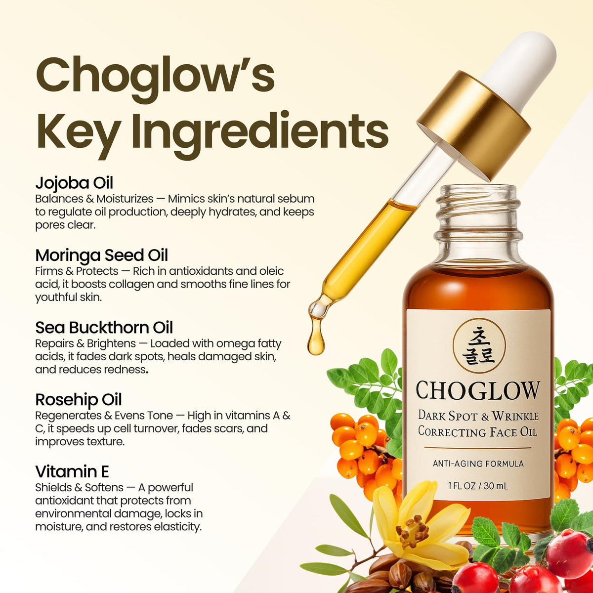 Choglow texture close-up of lightweight oil showing quick absorption benefit