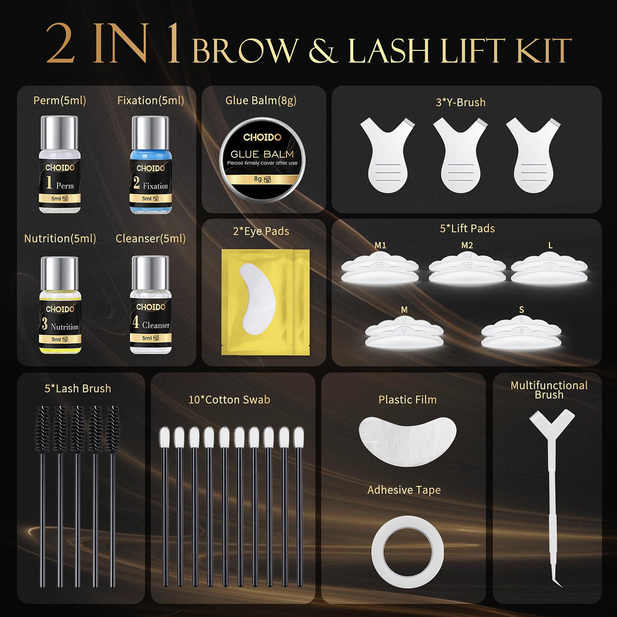 choido applicators and tools arrangement showing brushes, combs and tape for tidy application