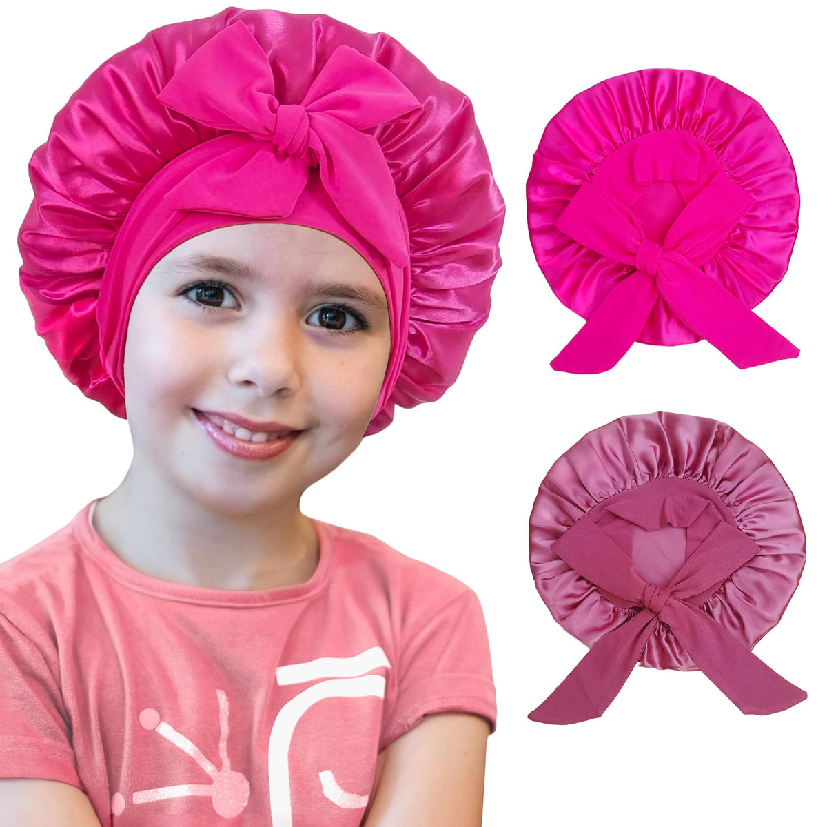 choshion front view of two bonnets showing cute patterns and secure fit benefit