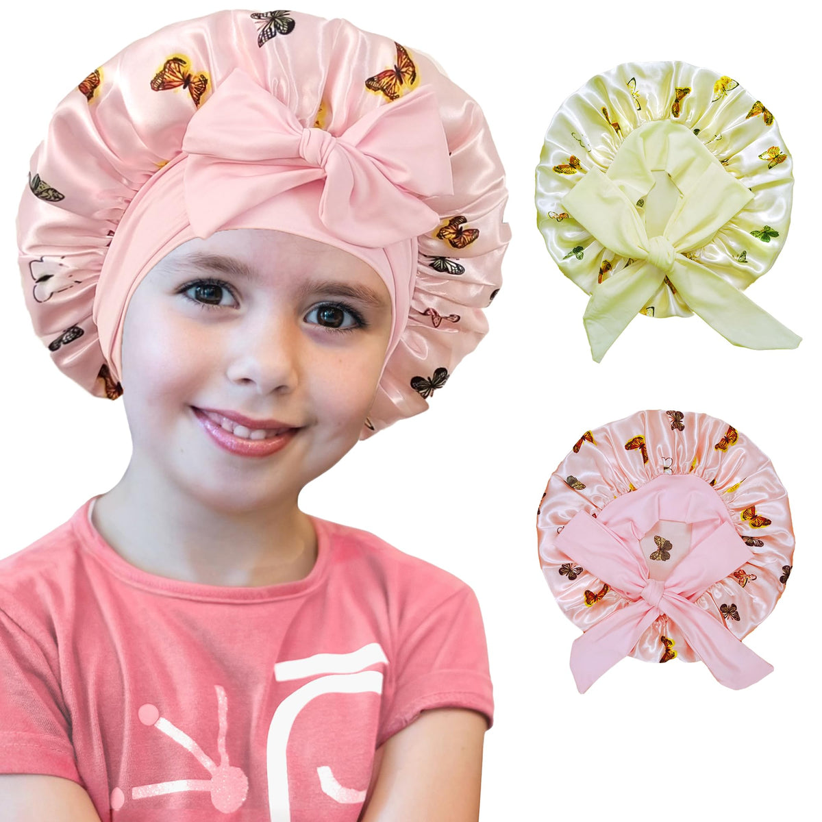 choshion front view of kids bonnet pack showing cute patterns and secure fit