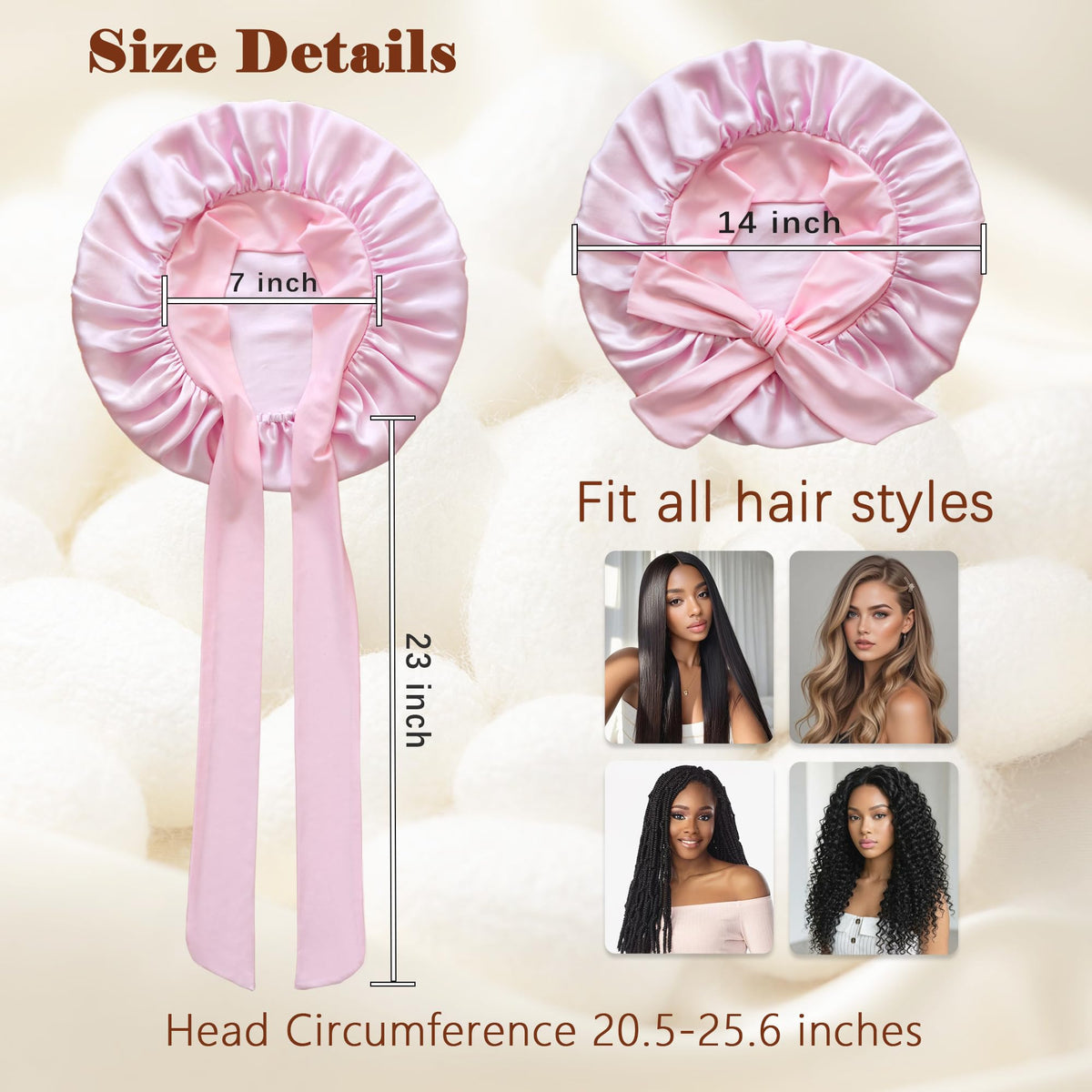 choshion model with curly hair wearing bonnet to protect curls and reduce frizz