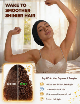 choshion slouchy bonnet worn by model protecting curls overnight