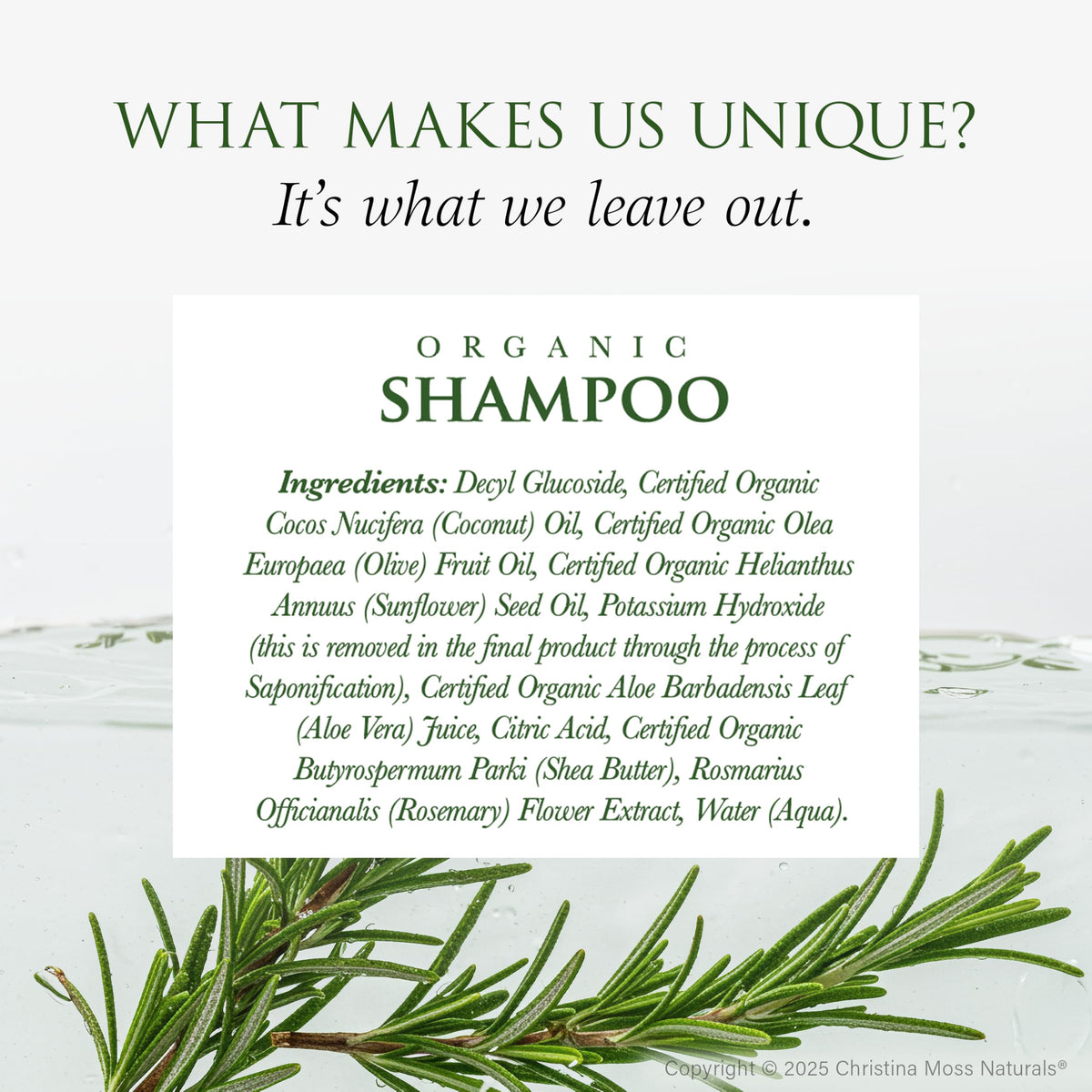 Christina Moss Naturals label close-up highlighting organic ingredients and transparency