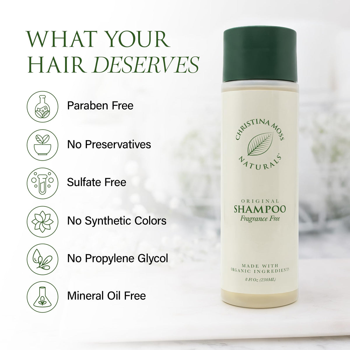 Christina Moss Naturals shampoo lather texture demonstrating gentle foam and easy rinse