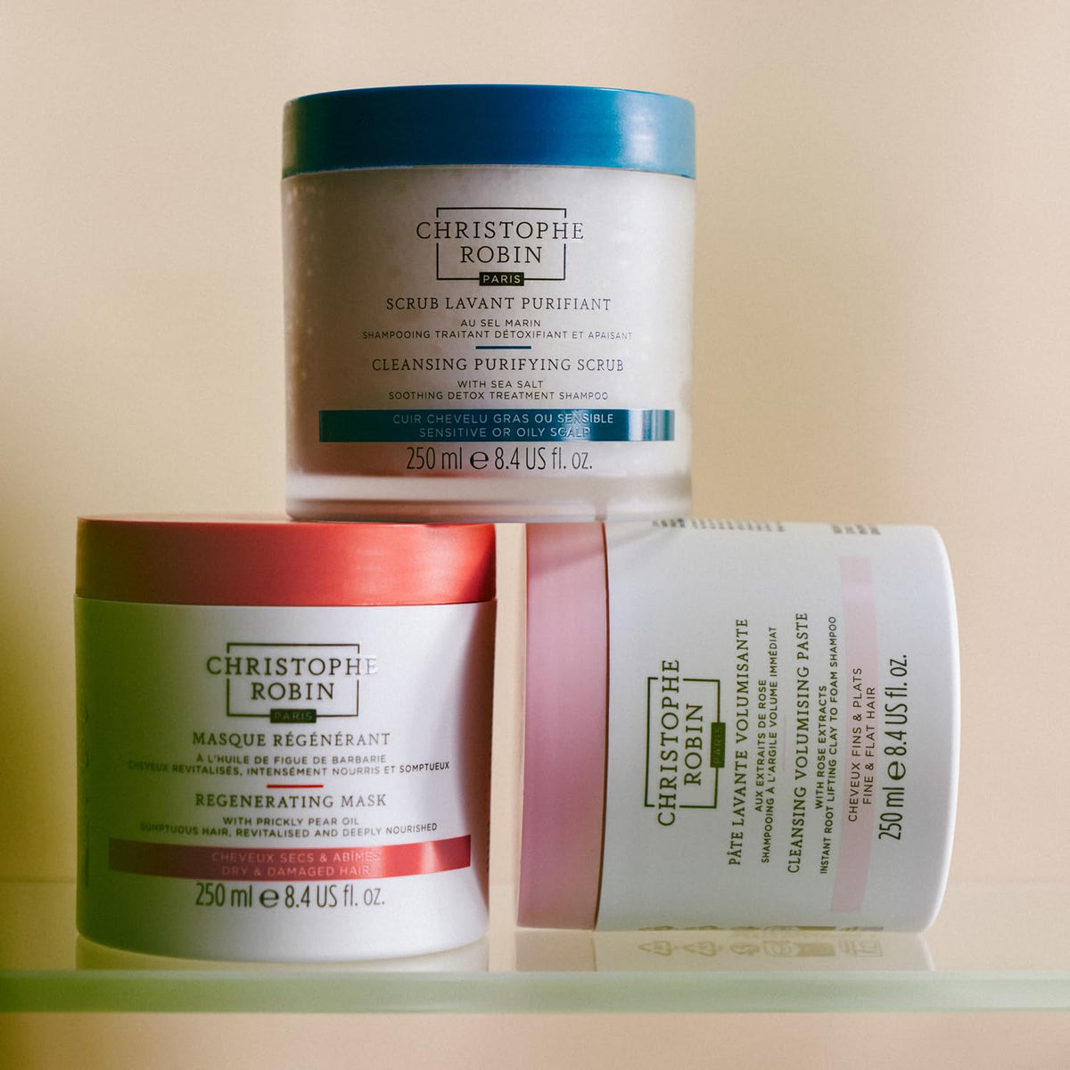 Christophe Robin scrub staged in a bathroom lifestyle scene for easy at-home use appeal