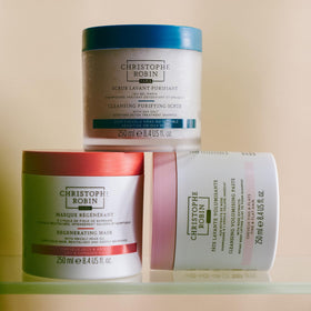 Christophe Robin scrub staged in a bathroom lifestyle scene for easy at-home use appeal
