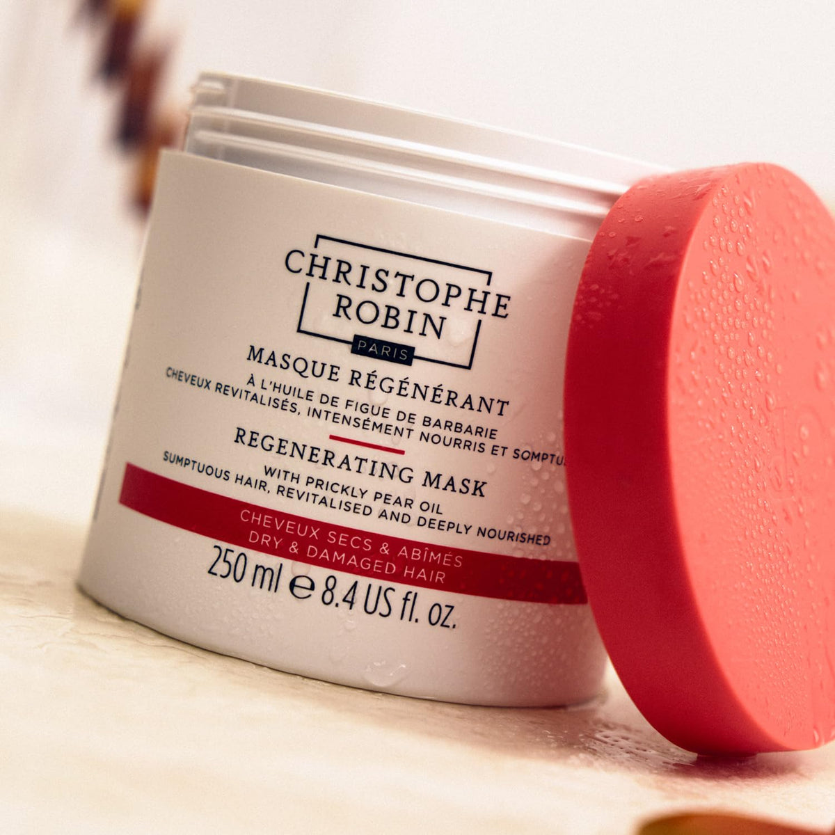 Christophe Robin packaging label close-up shows ingredient claims and usage benefit