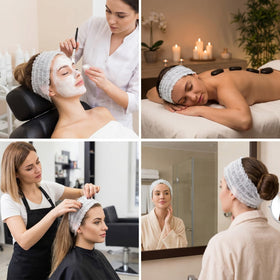Chuangdi headband worn by esthetician client to keep hair away during facial benefit