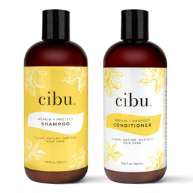 CIBU repair + protect front packaging showing full shampoo and conditioner set and benefit of repair