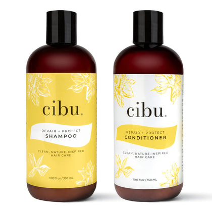 CIBU repair + protect front packaging showing full shampoo and conditioner set and benefit of repair
