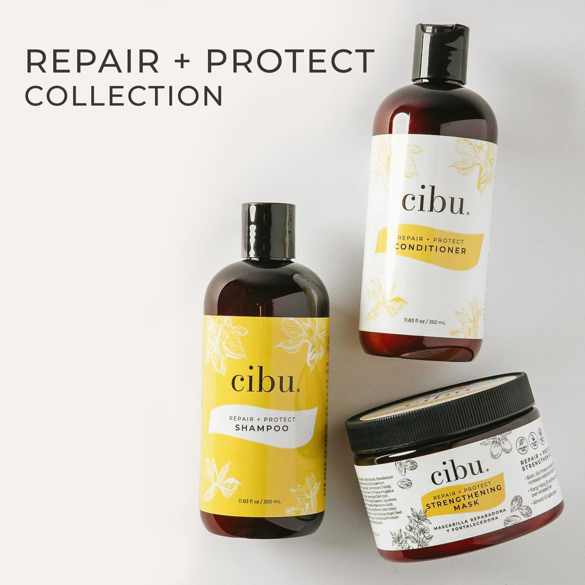 CIBU almond oil and ylang-ylang botanicals representing nourishing ingredients and moisture benefit