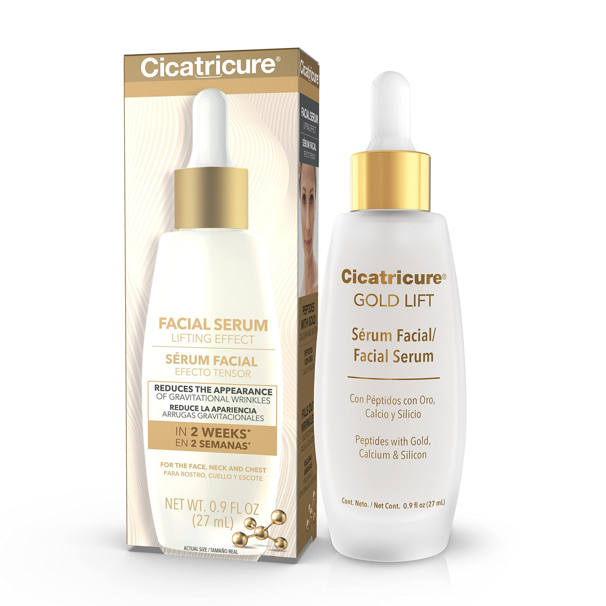 Cicatricure bottle front view showing sleek packaging and anti-aging benefit