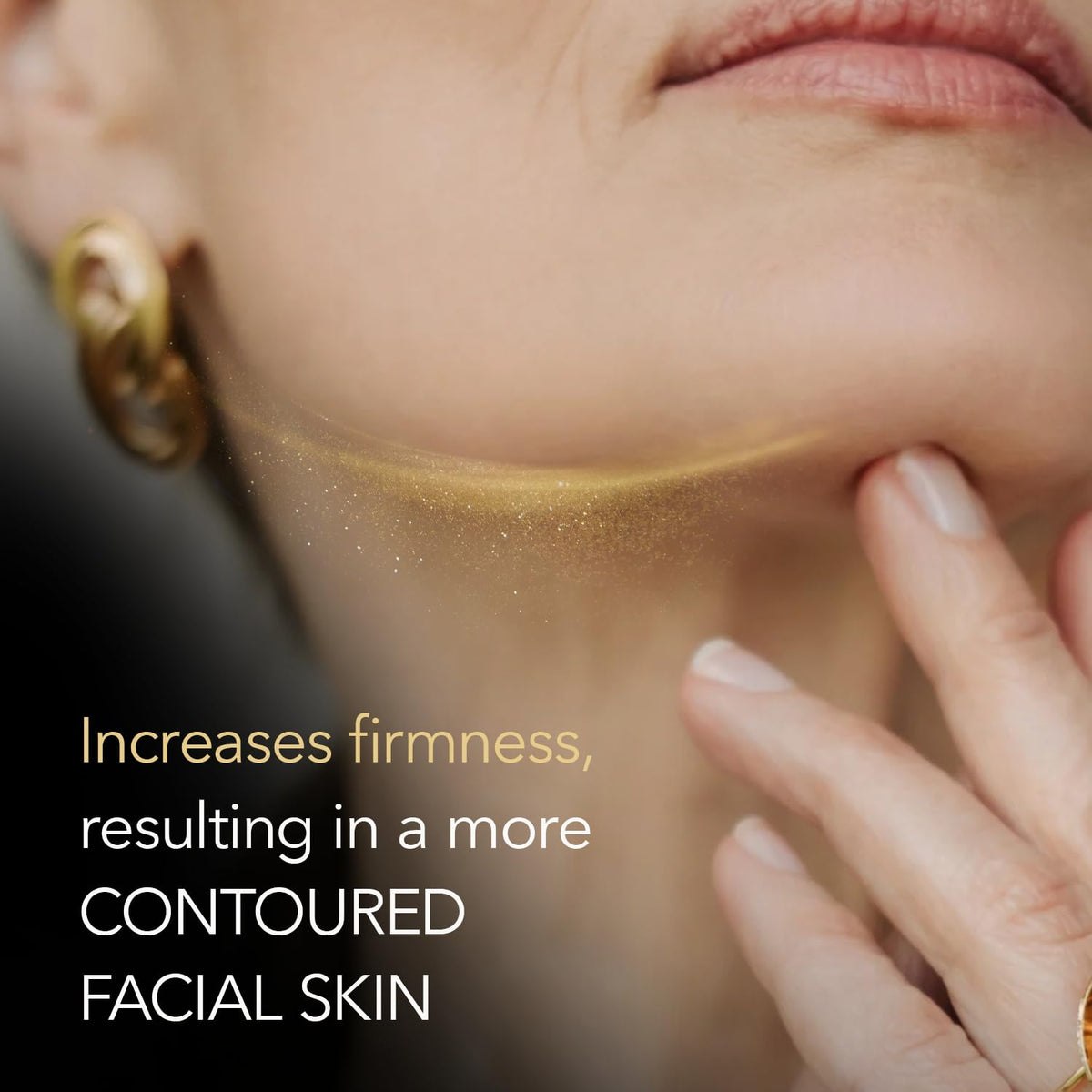 Cicatricure ingredients display with gold and peptides emphasizing firming action