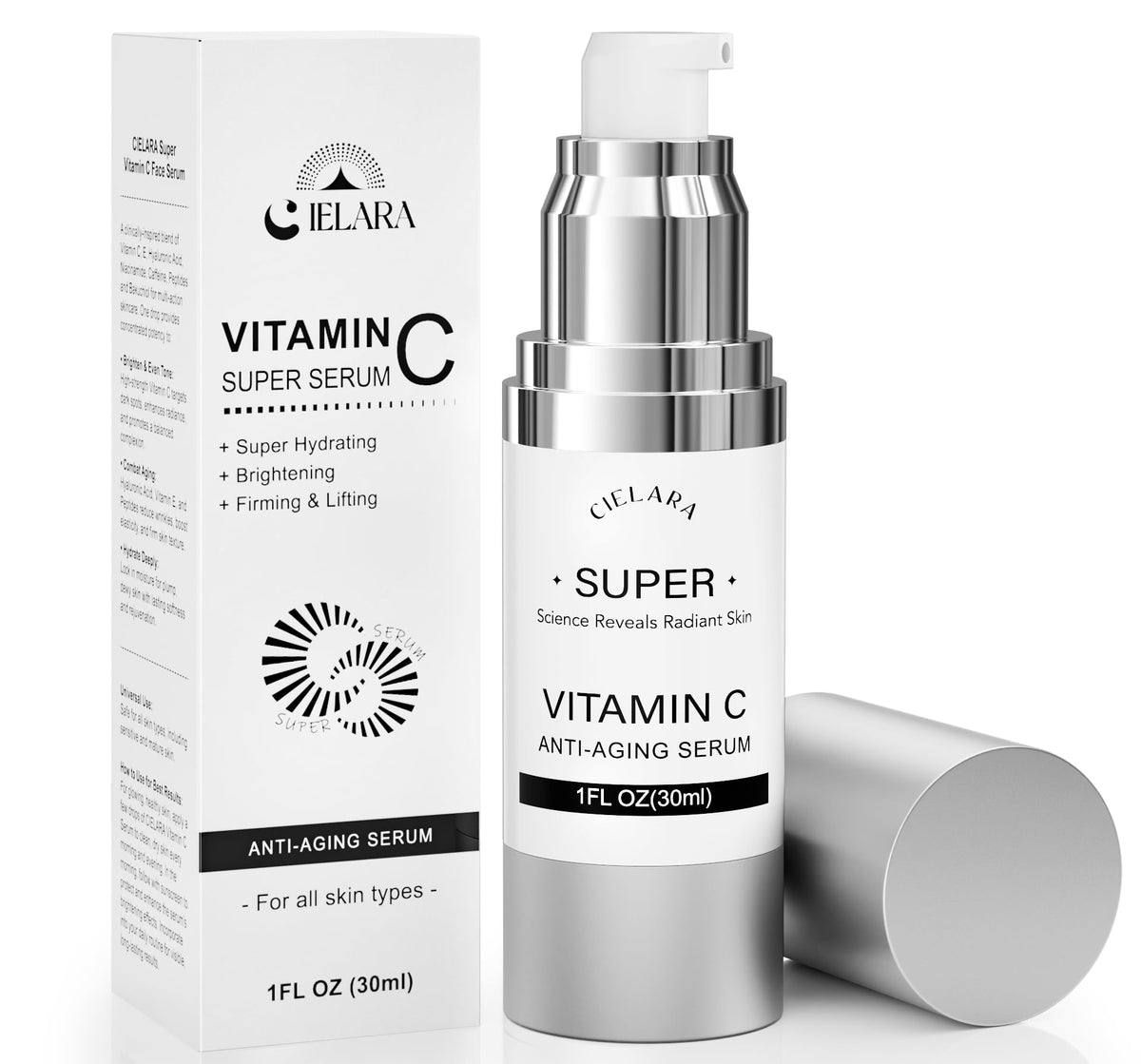 CIELARA front packaging showing serum bottle and clear branding for brightening
