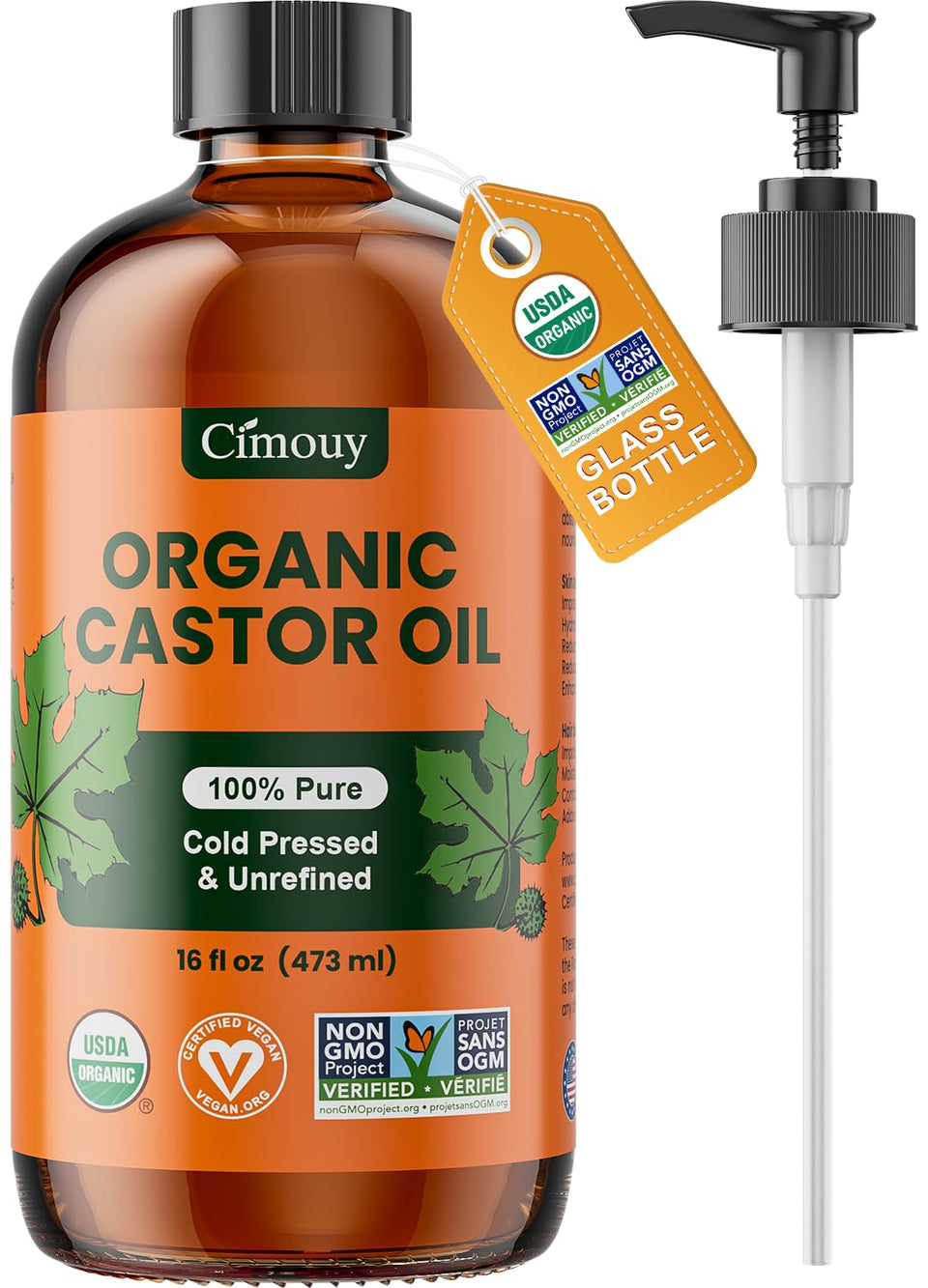 Cimouy front label on 16oz amber glass bottle showing organic certification benefits