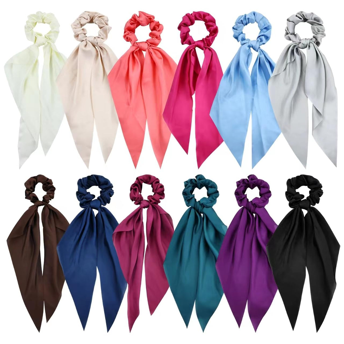Cinaci front packaging showing 12 satin scrunchies and elegant colors for versatile styling