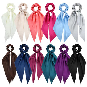 Cinaci front packaging showing 12 satin scrunchies and elegant colors for versatile styling