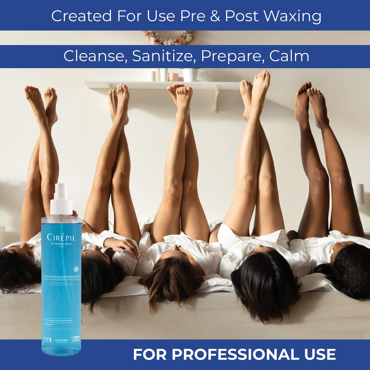 Esthetician using Cirepil Blue Lotion to cleanse client’s skin pre-wax for better wax adhesion