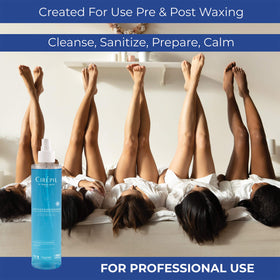 Esthetician using Cirepil Blue Lotion to cleanse client’s skin pre-wax for better wax adhesion
