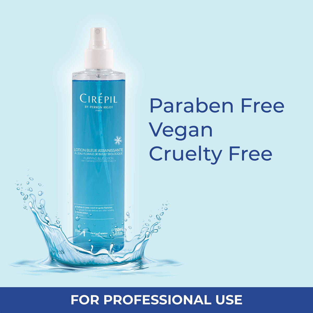 250ml Cirepil Blue Lotion held in hand illustrating compact salon-friendly size and easy handling