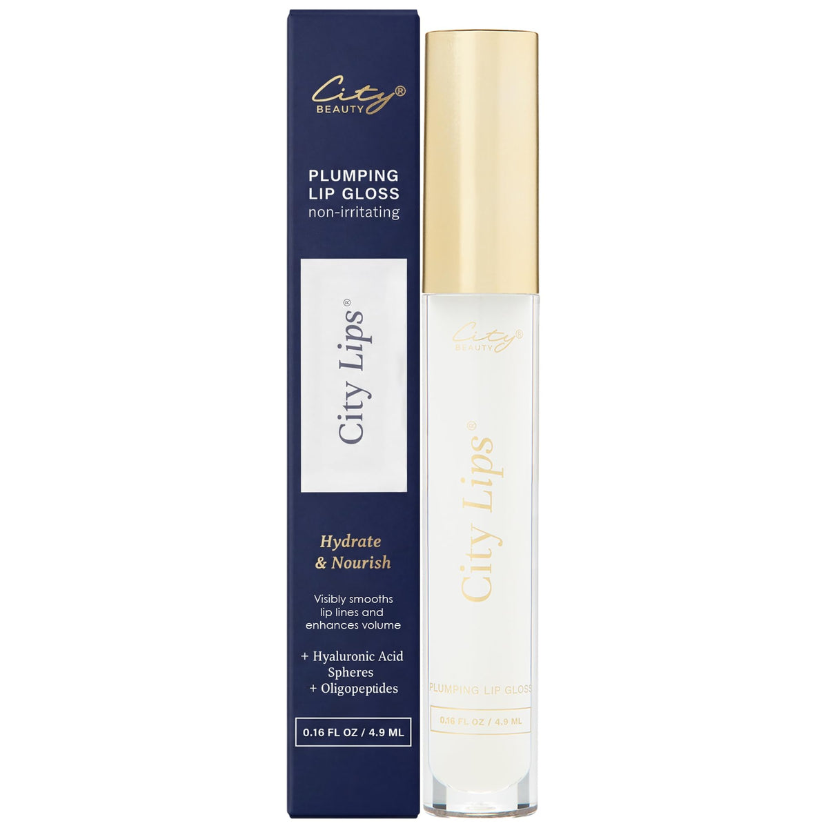 City Beauty City Lips clear front packaging showing glossy tube and label benefits