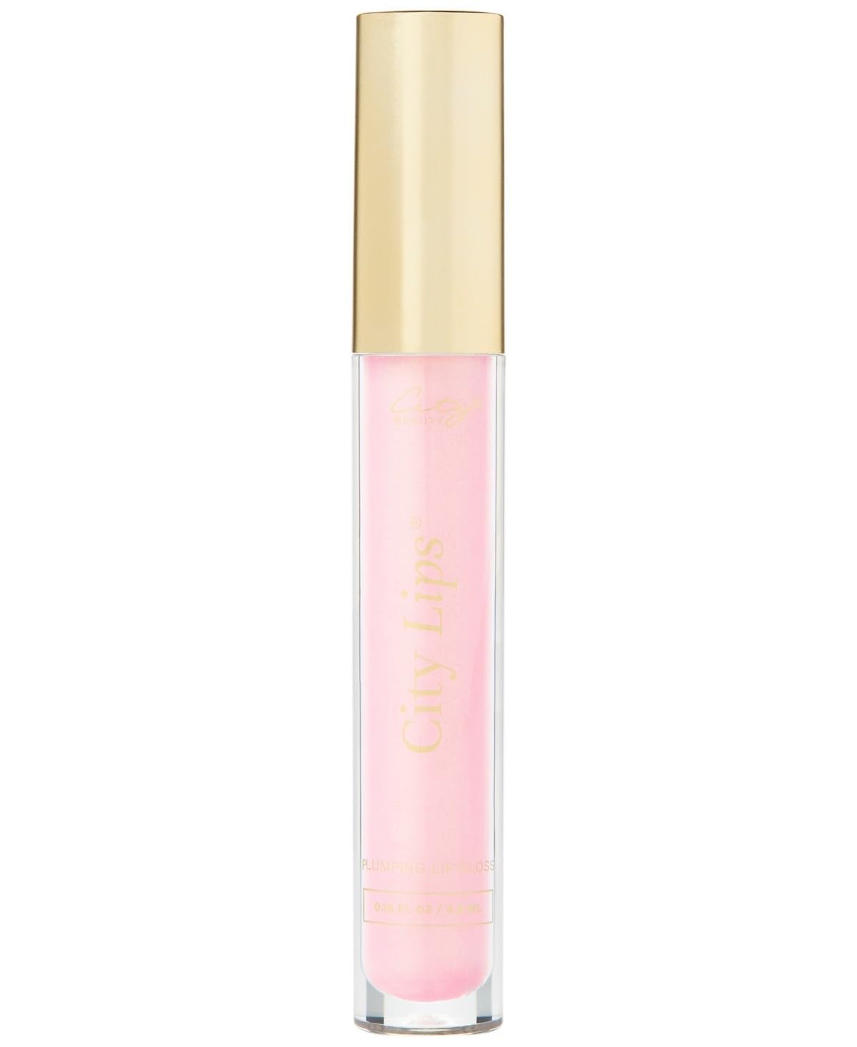 City Beauty lip gloss front packaging showing glossy pink shade and plumping shine benefit