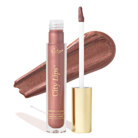 City Beauty City Lips front packaging shows plum shade and glossy finish benefit