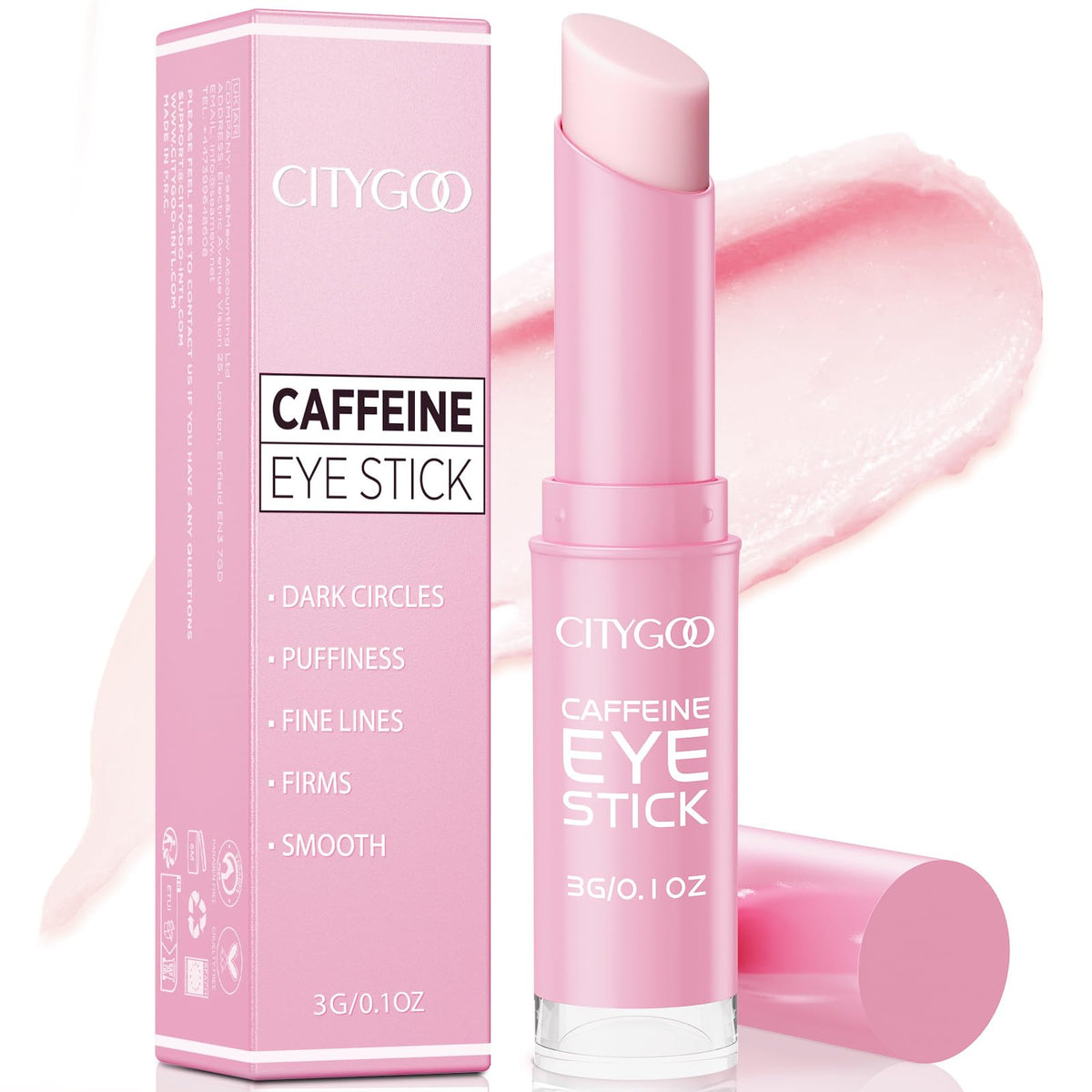 CITYGOO front packaging of caffeine eye cream stick showing compact travel size and convenience