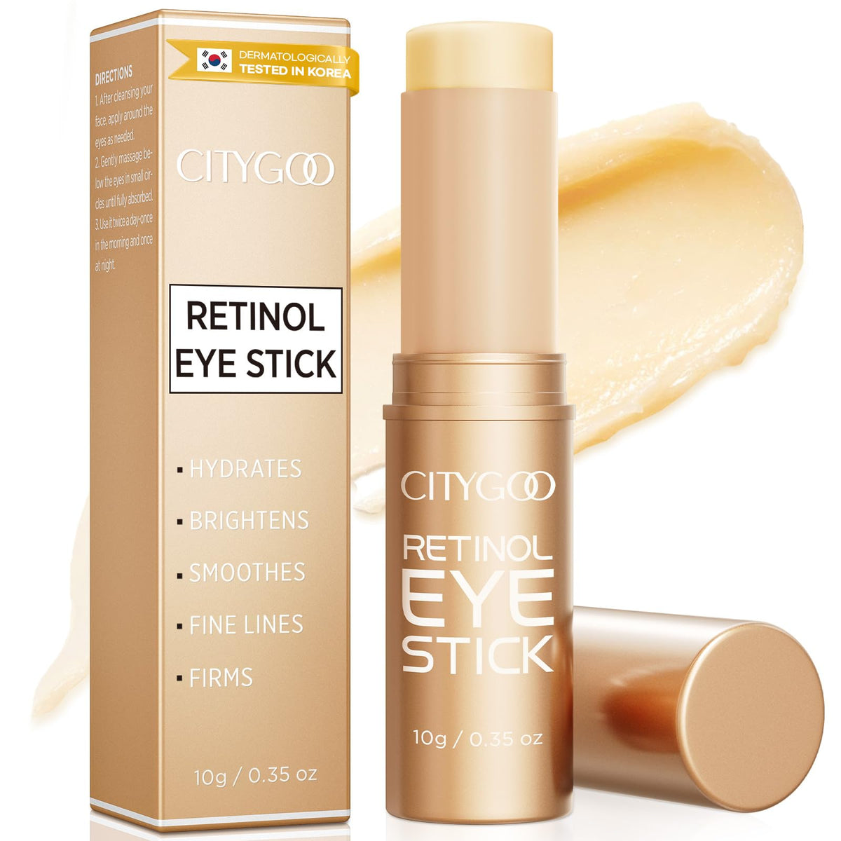 CITYGOO front packaging of eye stick shows sleek matte gold tube and benefit callouts