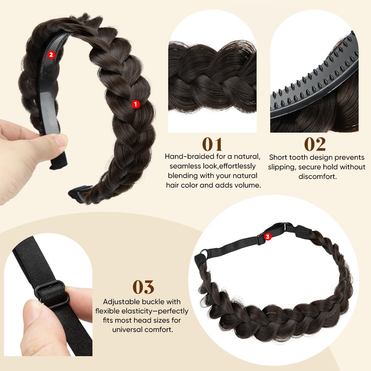 CJL HAIR elastic band stretched to show adjustable comfortable fit benefit