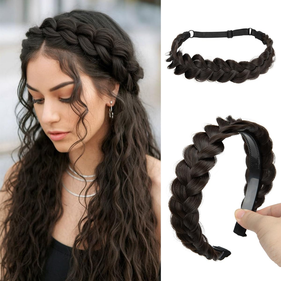 CJL HAIR front packaging showing two dark brown braided headbands and set benefit