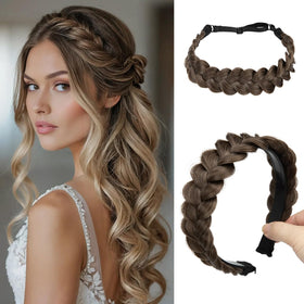 CJL HAIR front view of coffee brown braided headbands, sleek everyday styling
