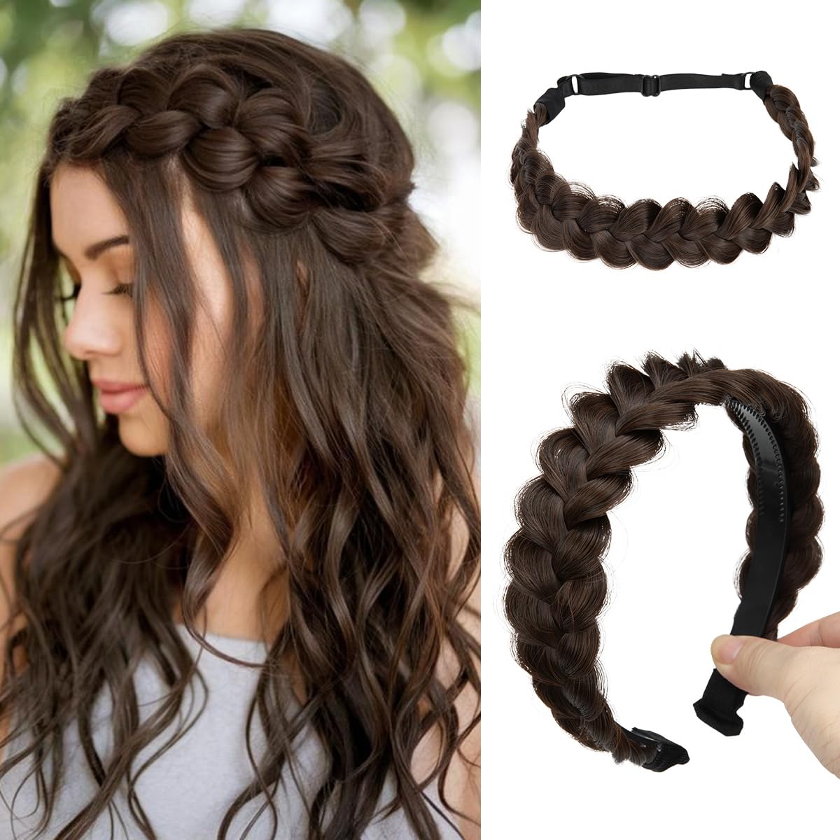 CJL HAIR front view of two dark chocolate braided headbands, polished look