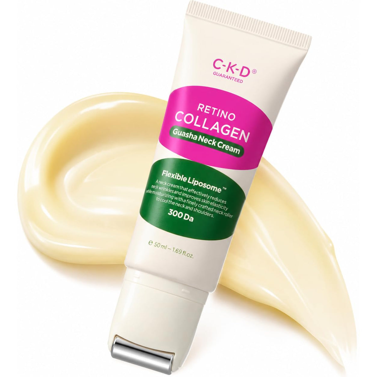 CKD Guaranteed front tube view showing sleek packaging and targeted neck cream benefit