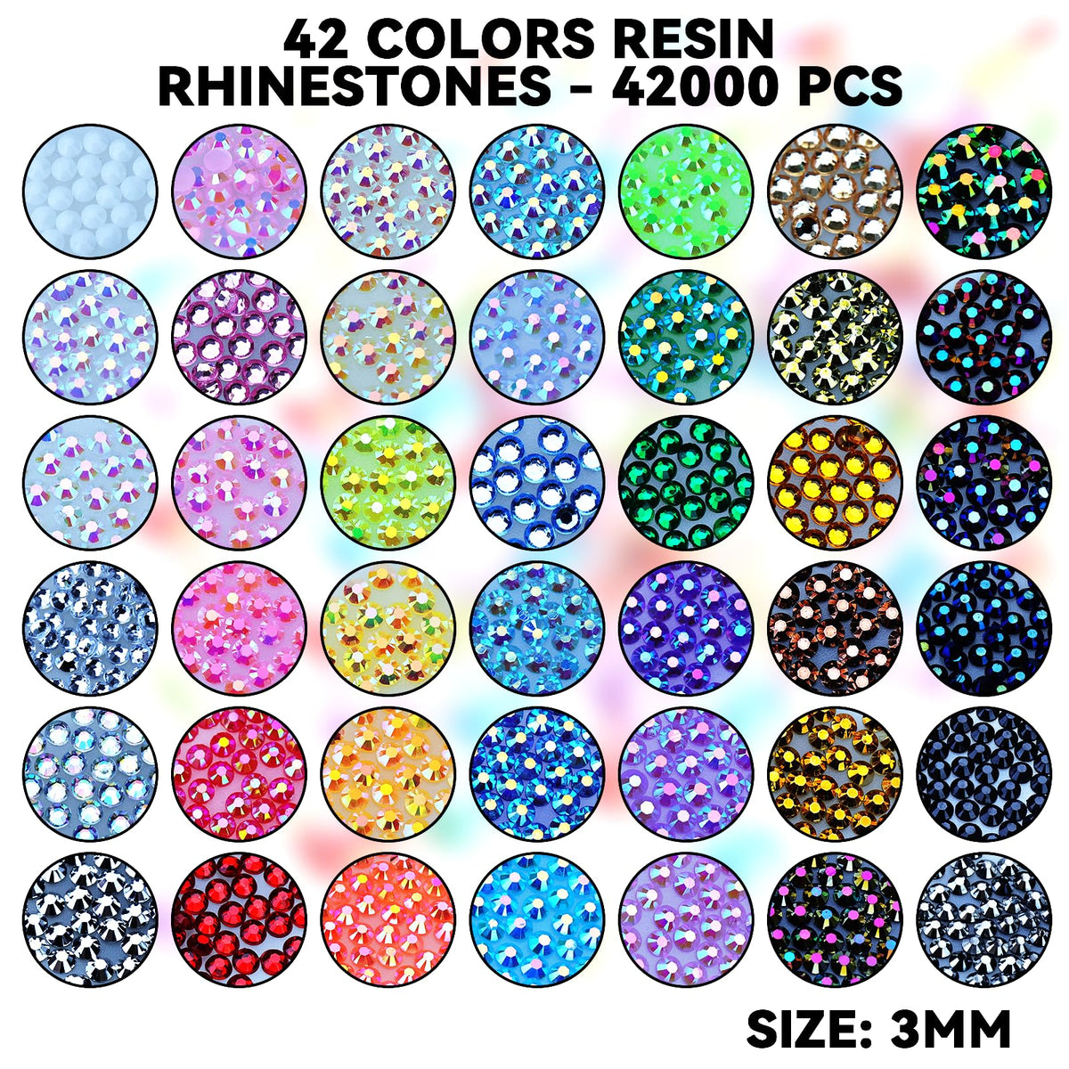 ClaBead close-up of 42 colorful rhinestones displaying vibrant sparkle