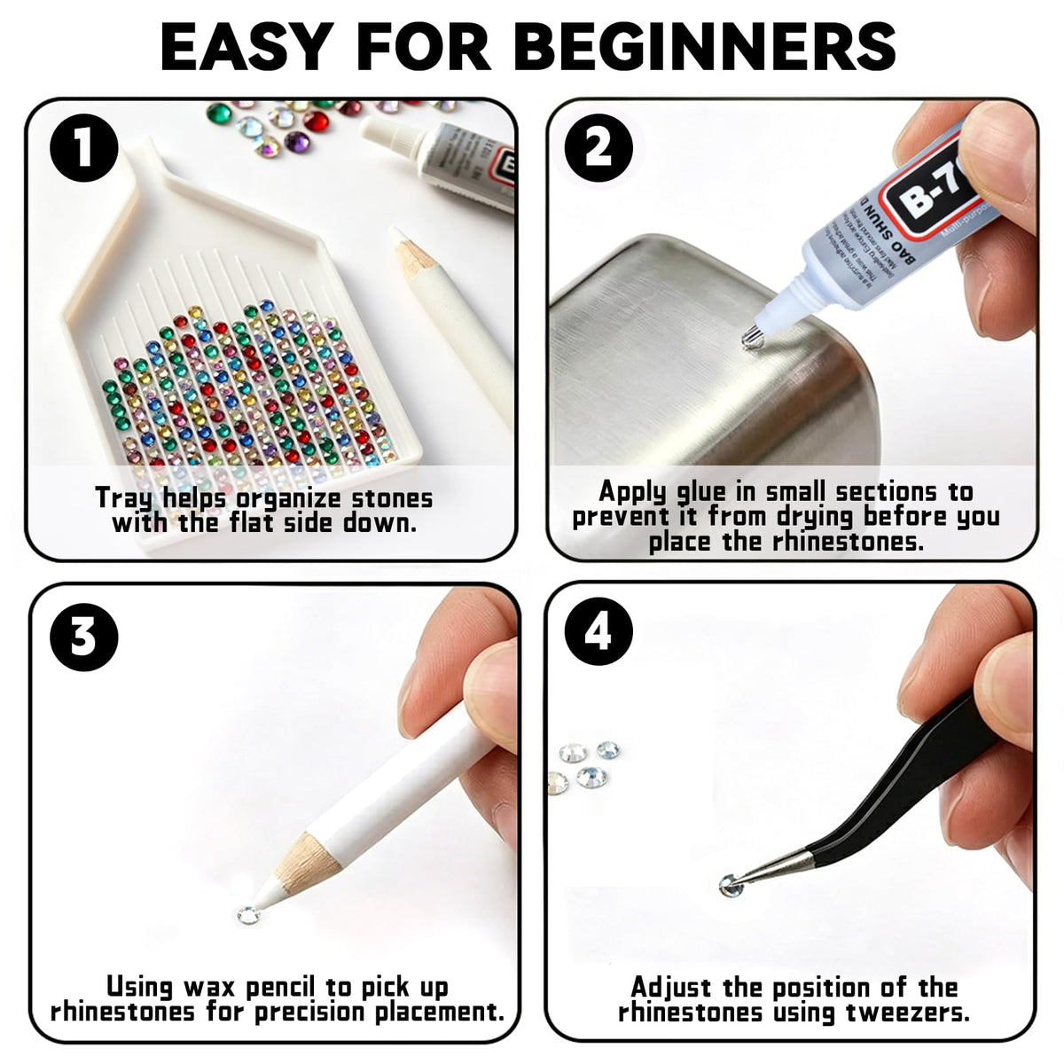 ClaBead tweezers and wax dotting pen ready for accurate gem placement