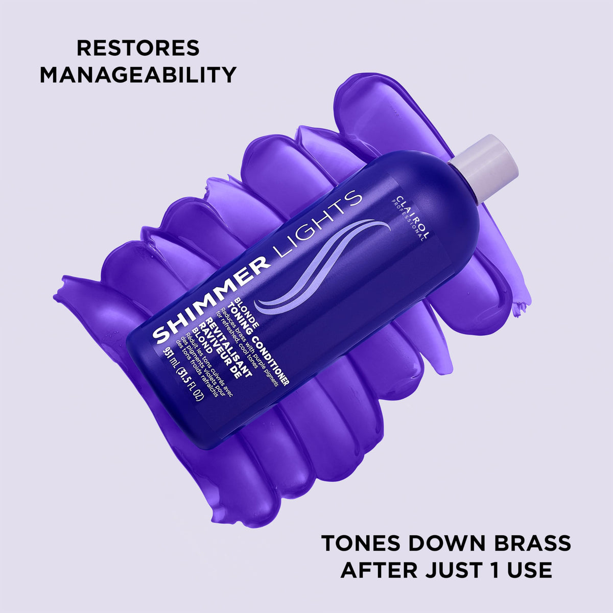 Clairol Professional conditioner poured to show creamy purple texture and hydration