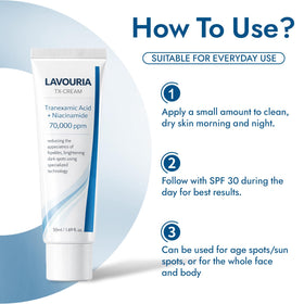 Claranova Lavouria ingredient label close-up highlighting tranexamic acid benefit