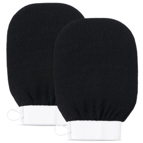 CLARIAL front view of black exfoliating mitts showing packaging and benefits
