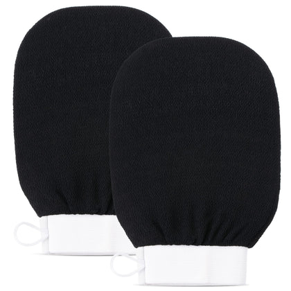 CLARIAL front view of black exfoliating mitts showing packaging and benefits