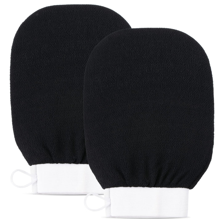CLARIAL front view of black exfoliating mitts showing packaging and benefits