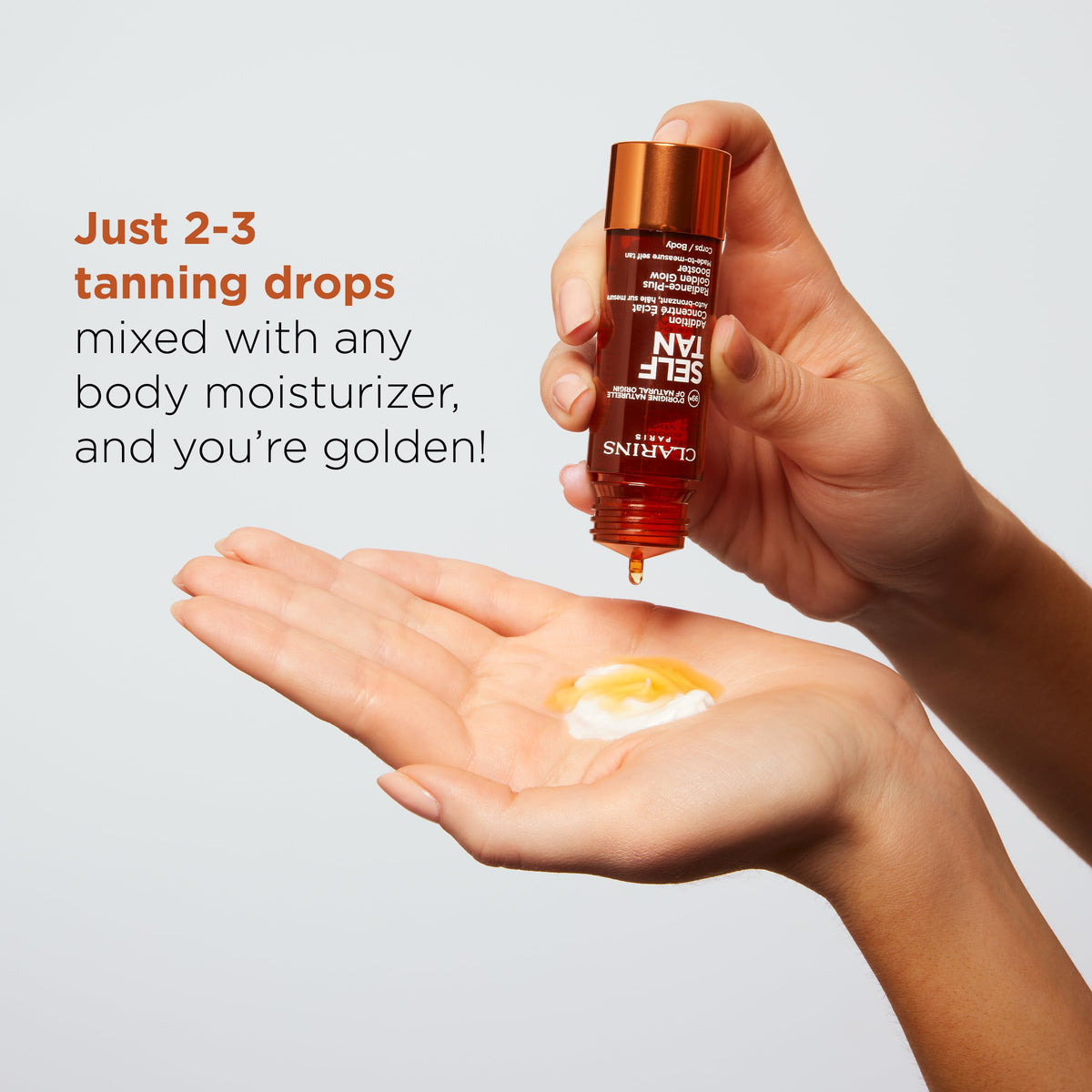 Clarins application on arm before and after showing streak-free tan benefit